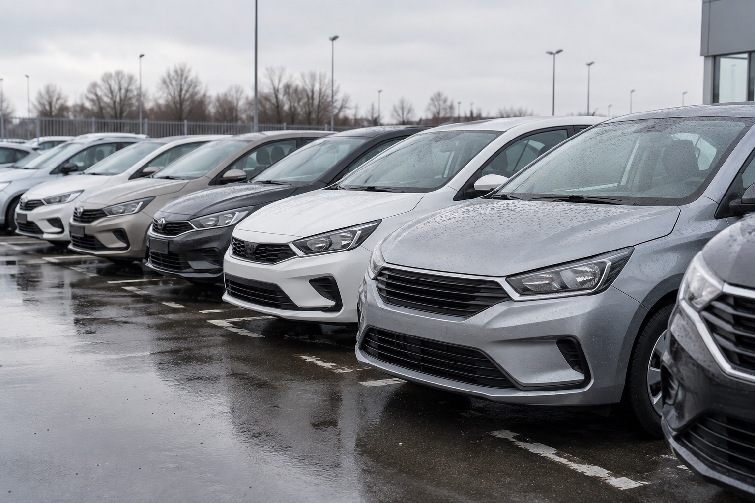 Ряд новых автомобилей на открытой стоянке после дождя